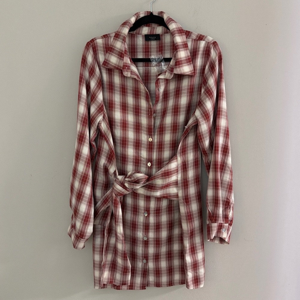 VICI Red White Plaid Front Tie Button Down Shirt Dress Mini Womens Large - Picture 4 of 13